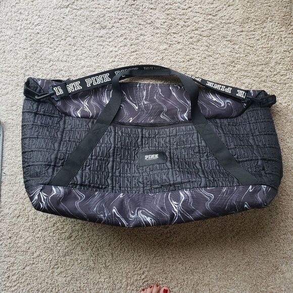 Pink Victoria's Secret Marble Duffle Bag Black GYM yoga Exercise Sports - Picture 7 of 9
